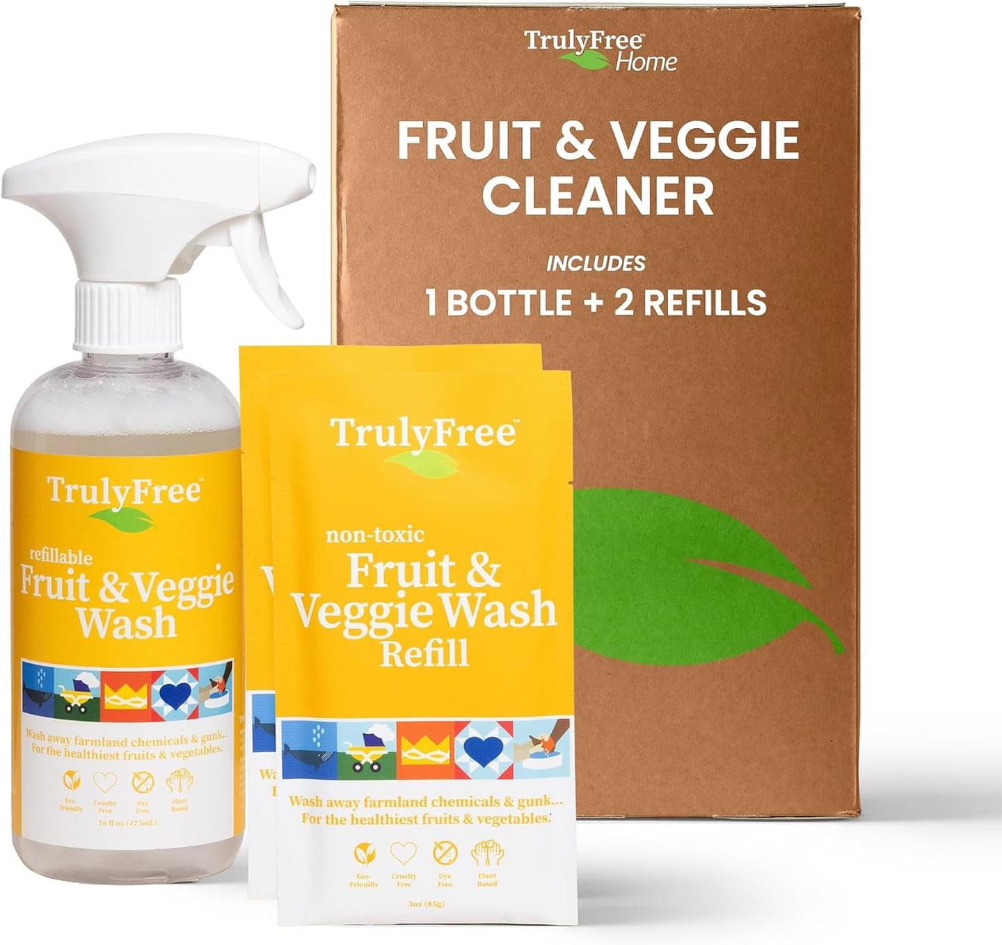 Truly Free Natural Fruit and Veggie Wash Kit - Produce Cleaner Spray (16oz Reusable Empty Bottle + Two Pouches, 3oz ea.) - DIY Vegetable Washer & Fruit Cleanser