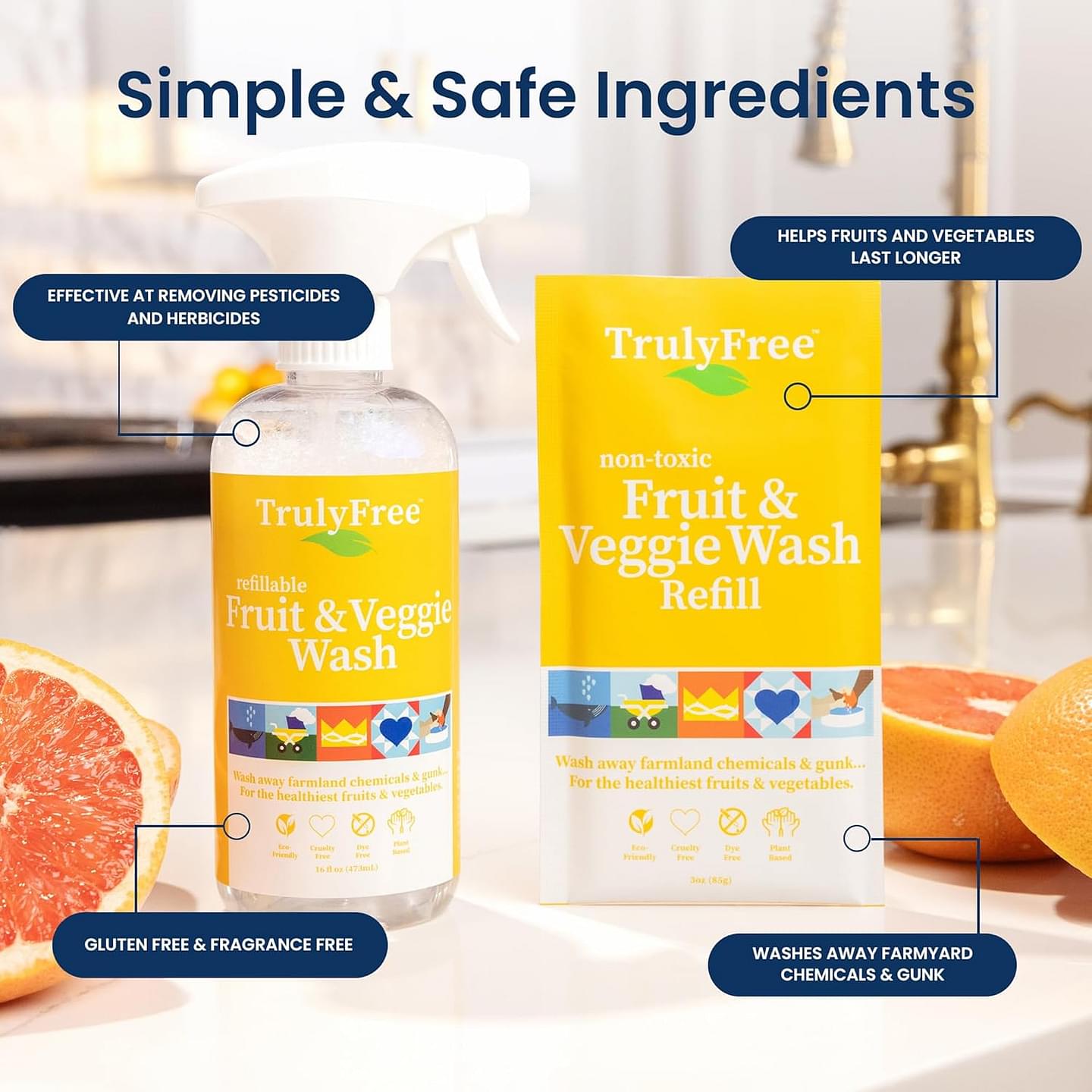 Truly Free Natural Fruit and Veggie Wash Kit - Produce Cleaner Spray (16oz Reusable Empty Bottle + Two Pouches, 3oz ea.) - DIY Vegetable Washer & Fruit Cleanser
