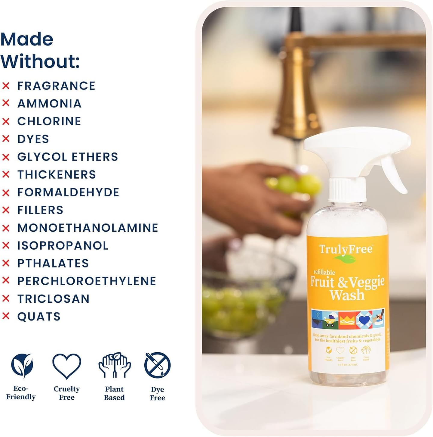 Truly Free Natural Fruit and Veggie Wash Kit - Produce Cleaner Spray (16oz Reusable Empty Bottle + Two Pouches, 3oz ea.) - DIY Vegetable Washer & Fruit Cleanser