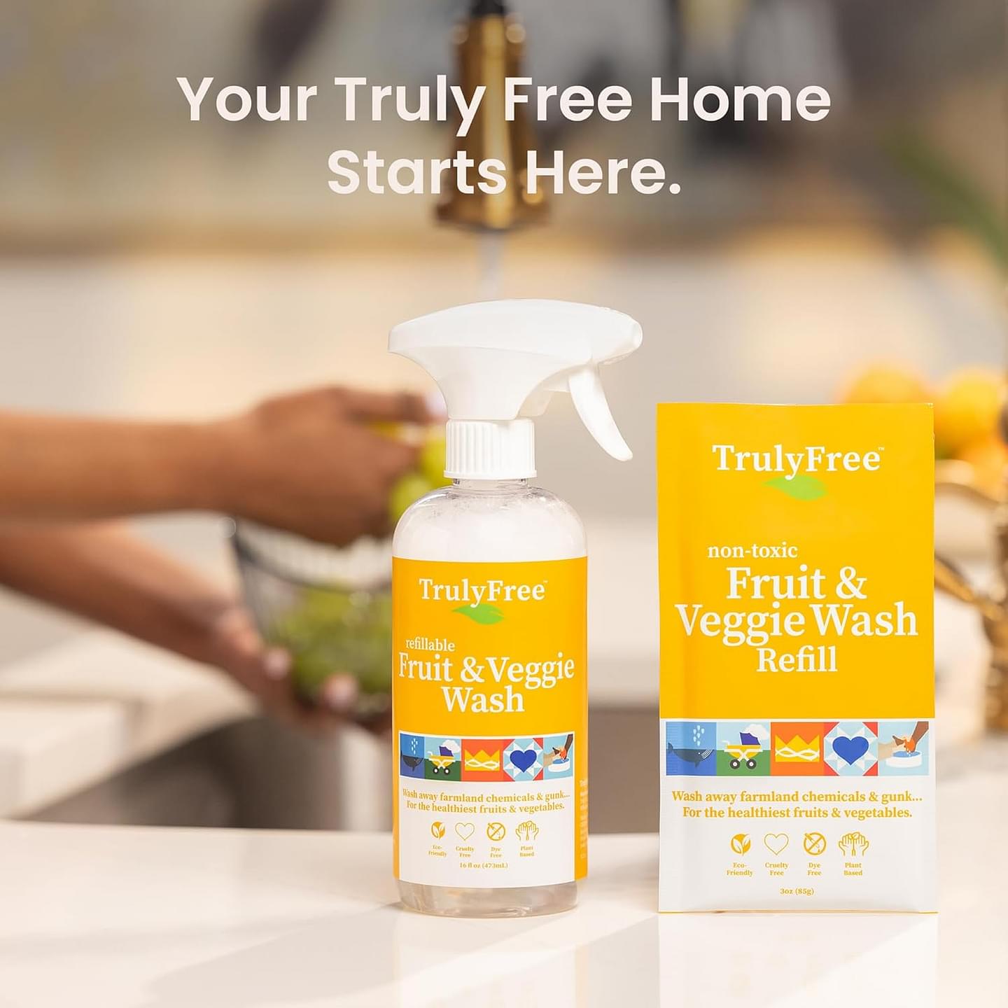Truly Free Natural Fruit and Veggie Wash Kit - Produce Cleaner Spray (16oz Reusable Empty Bottle + Two Pouches, 3oz ea.) - DIY Vegetable Washer & Fruit Cleanser