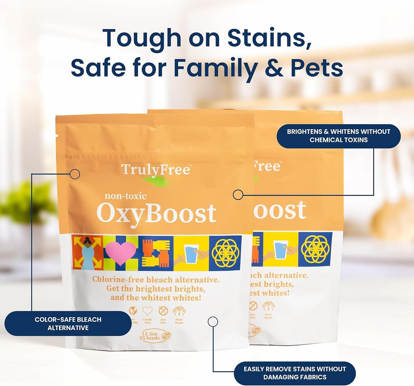 Truly Free OxyBoost - Oxygen Whitener & Clothes Stain Remover Laundry Detergent Powder with Sodium Percarbonate - Brightens Whites & Safe for Colors - Non-Chlorine, Gentle Yet Powerful - Pack of 2