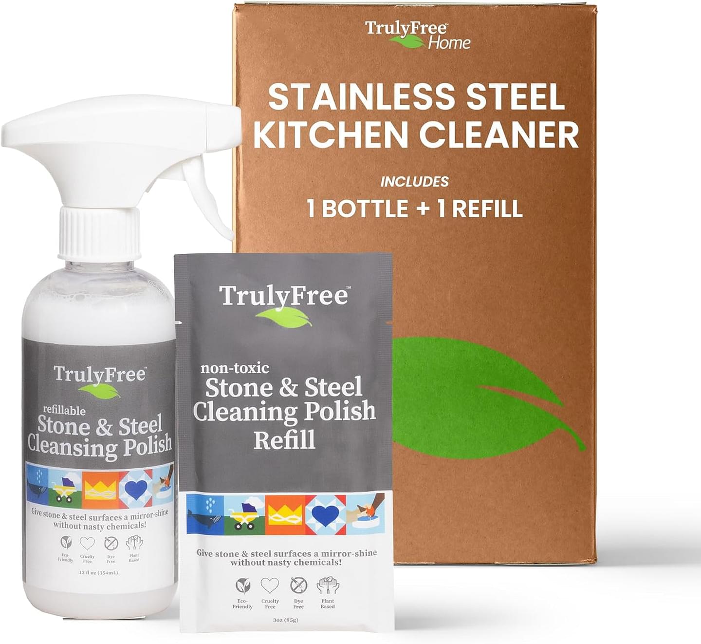 Truly Free Stone & Steel Cleansing Polish Starter Kit - Quartz, Marble, Granite, Stone Countertop, Oven, Stainless Steel Cleaner - 16oz Spray Bottle, 2 Refills (4oz) No Harmful Ingredients