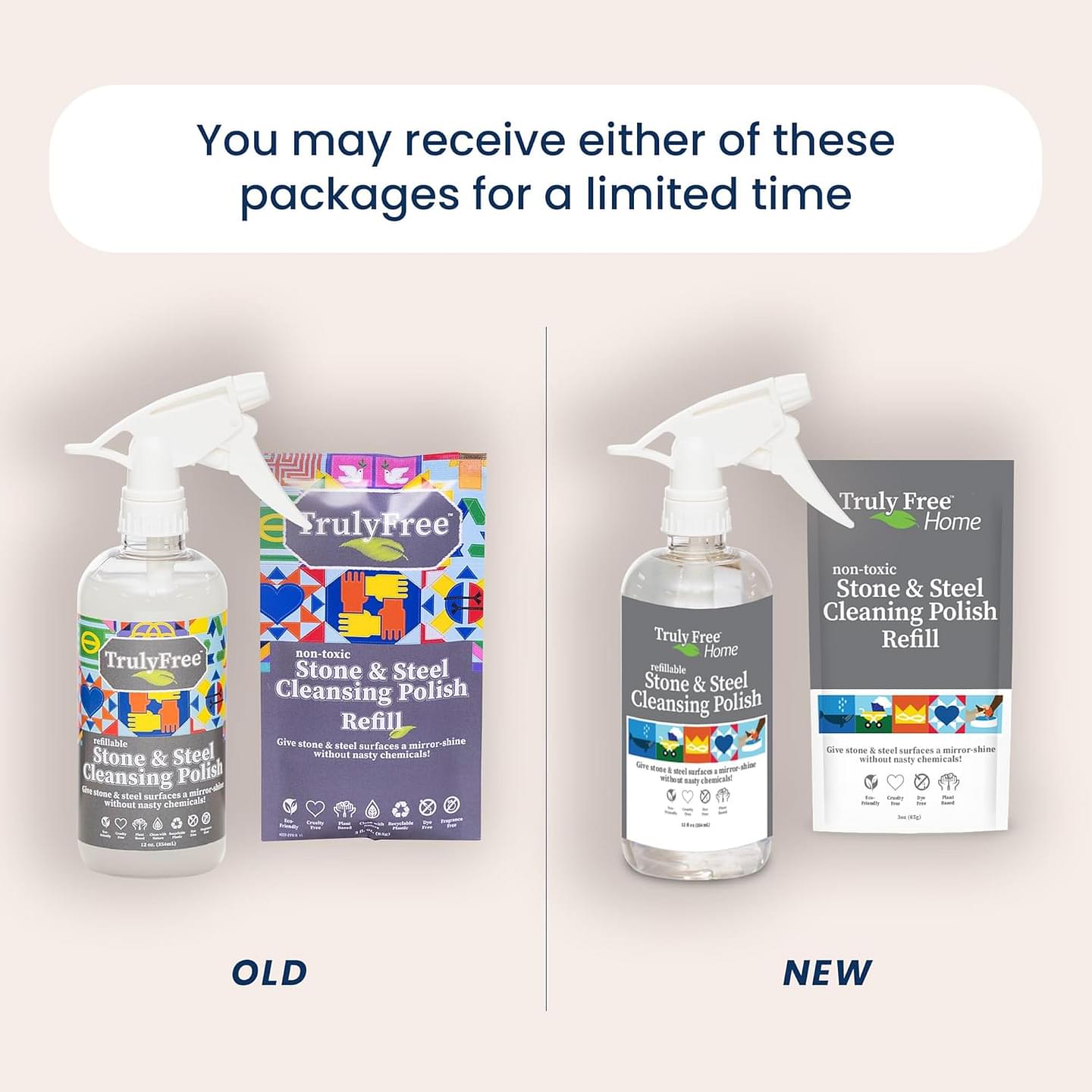 Truly Free Stone & Steel Cleansing Polish Starter Kit - Quartz, Marble, Granite, Stone Countertop, Oven, Stainless Steel Cleaner - 16oz Spray Bottle, 2 Refills (4oz) No Harmful Ingredients
