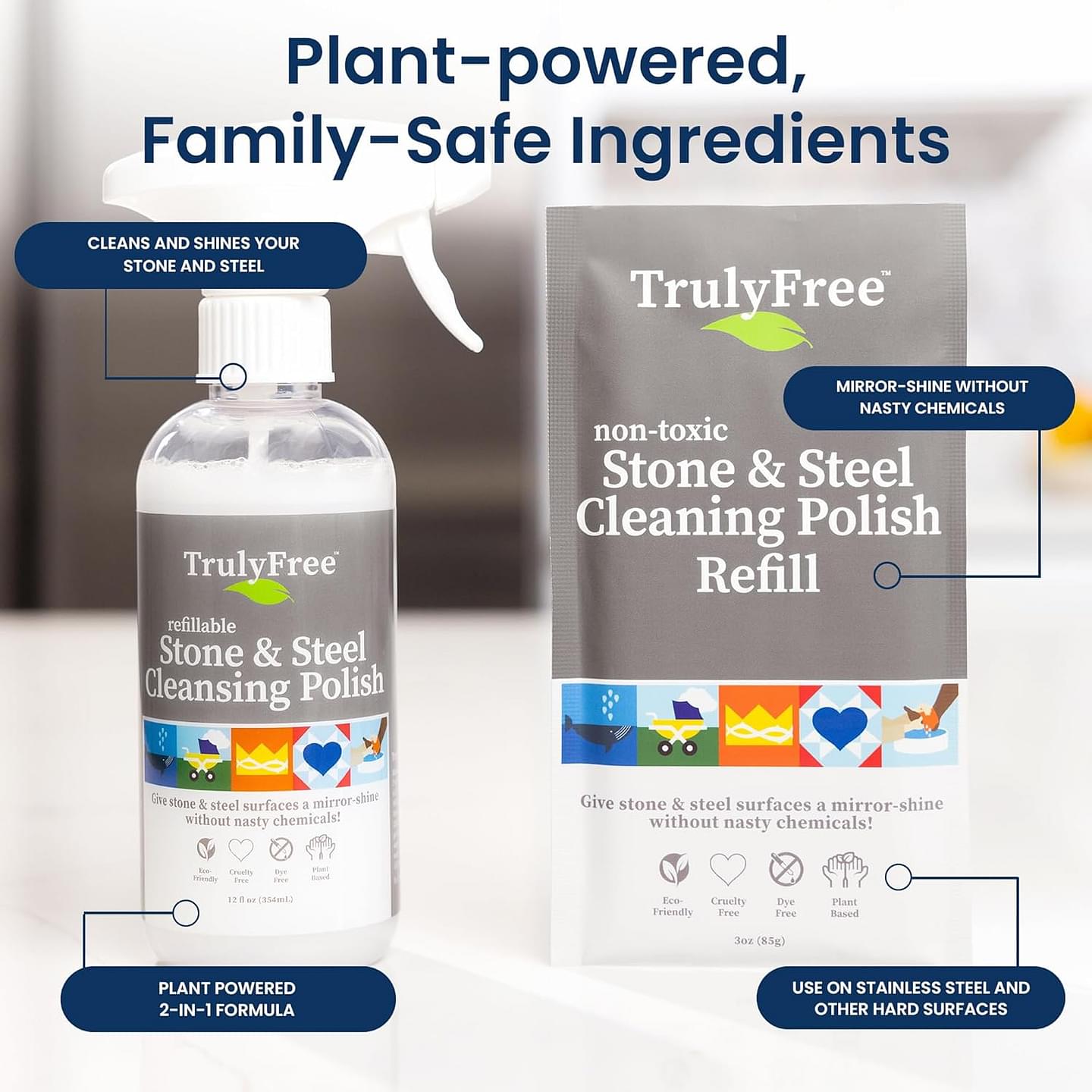 Truly Free Stone & Steel Cleansing Polish Starter Kit - Quartz, Marble, Granite, Stone Countertop, Oven, Stainless Steel Cleaner - 16oz Spray Bottle, 2 Refills (4oz) No Harmful Ingredients