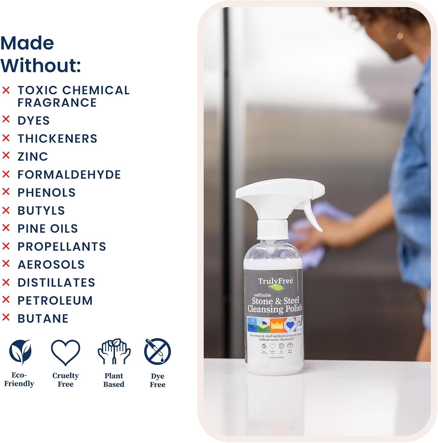 Truly Free Stone & Steel Cleansing Polish Starter Kit - Quartz, Marble, Granite, Stone Countertop, Oven, Stainless Steel Cleaner - 16oz Spray Bottle, 2 Refills (4oz) No Harmful Ingredients