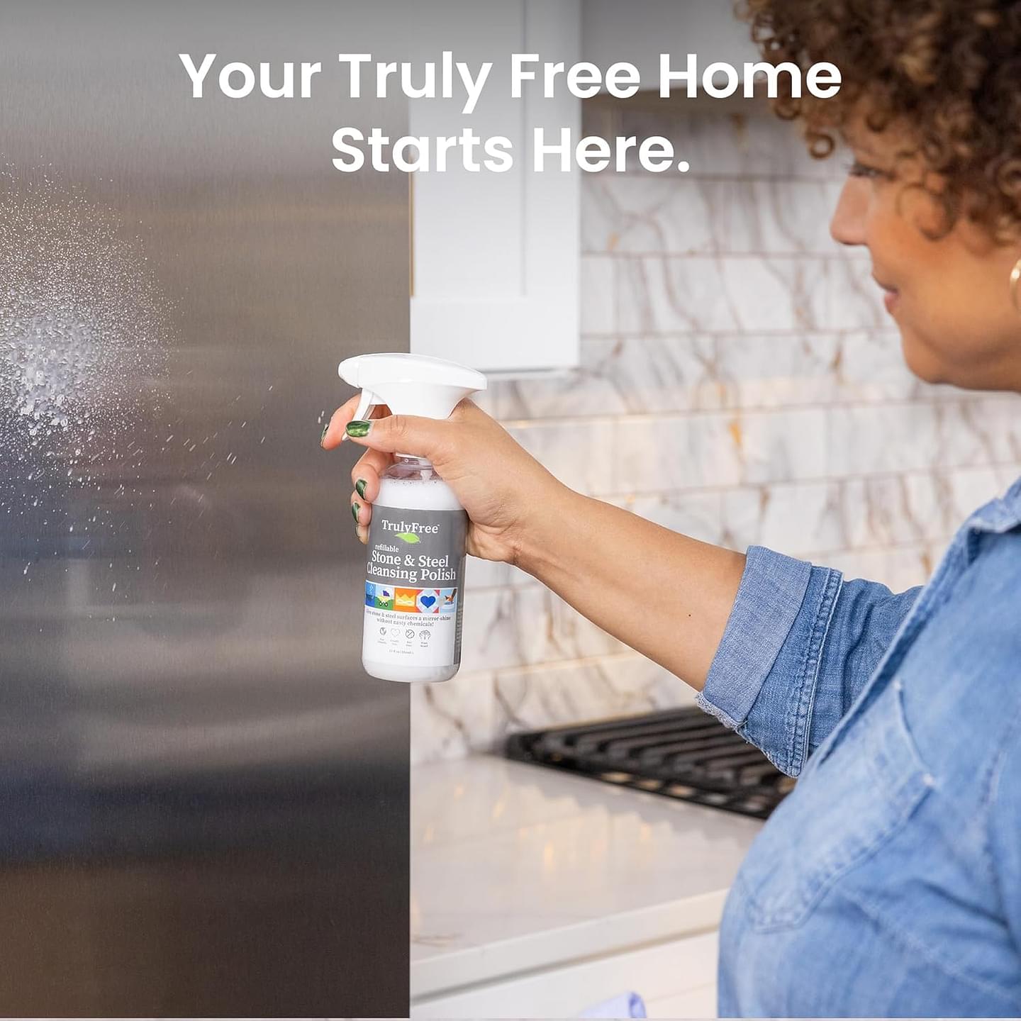 Truly Free Stone & Steel Cleansing Polish Starter Kit - Quartz, Marble, Granite, Stone Countertop, Oven, Stainless Steel Cleaner - 16oz Spray Bottle, 2 Refills (4oz) No Harmful Ingredients