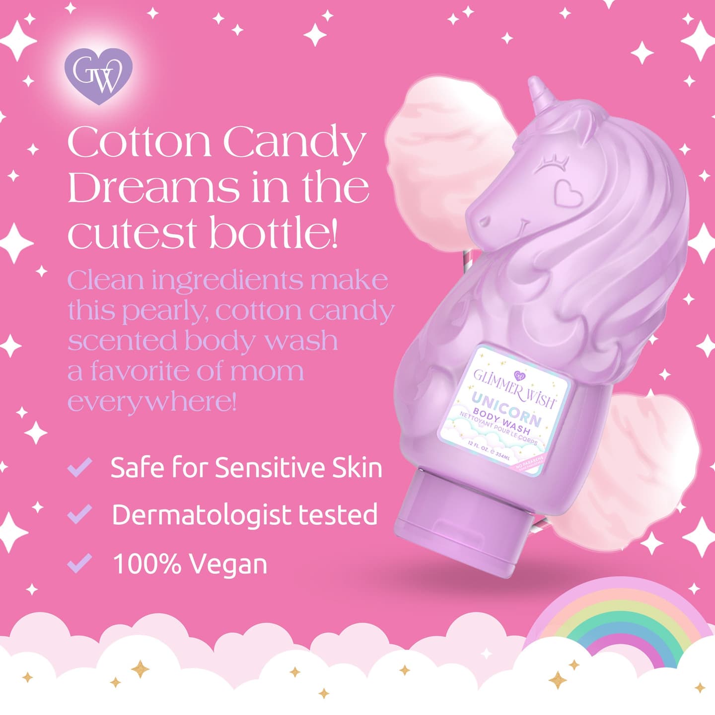 Unicorn Body Wash - Cotton Candy Scented - Gentle Hydrating Kids Body Cleanser with Botanical Ingredients and Clean Formula