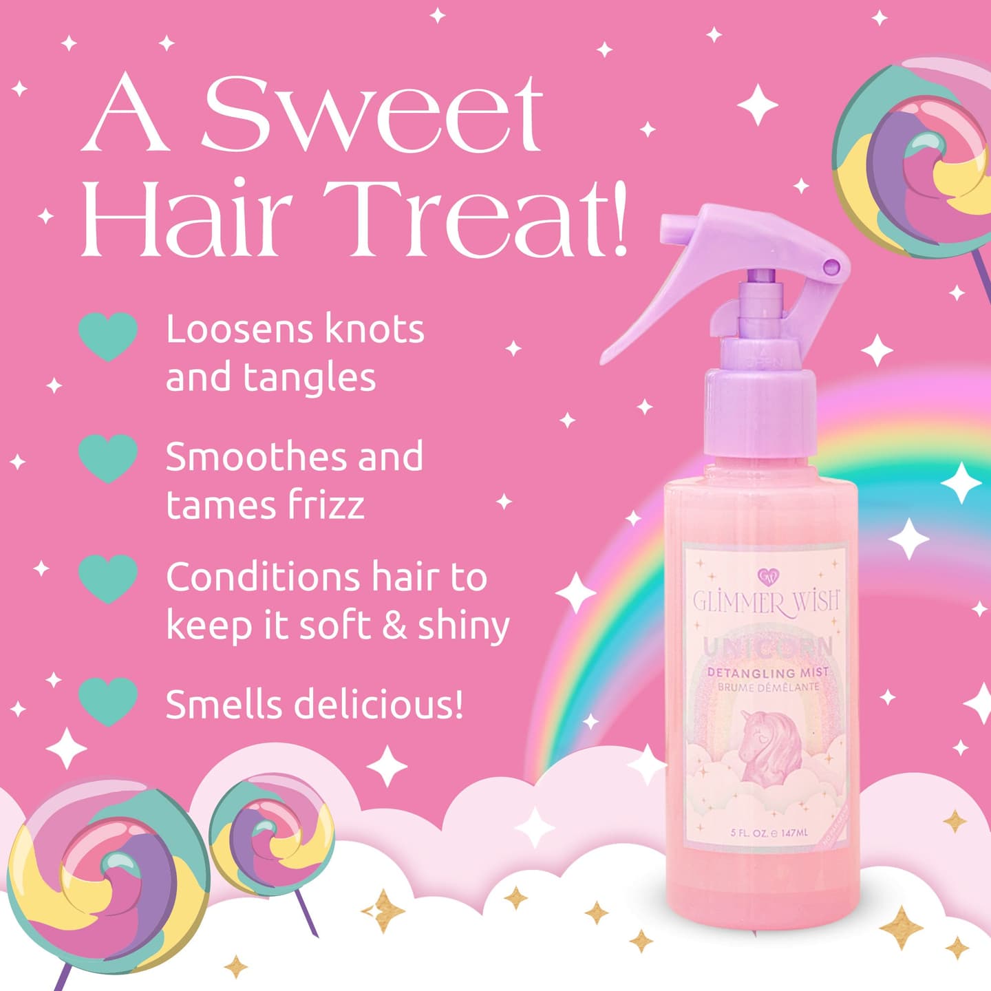 Unicorn Hair Detangling Mist - Hydrating Leave-In Spray for Smooth, Manageable and Tangle-Free Hair