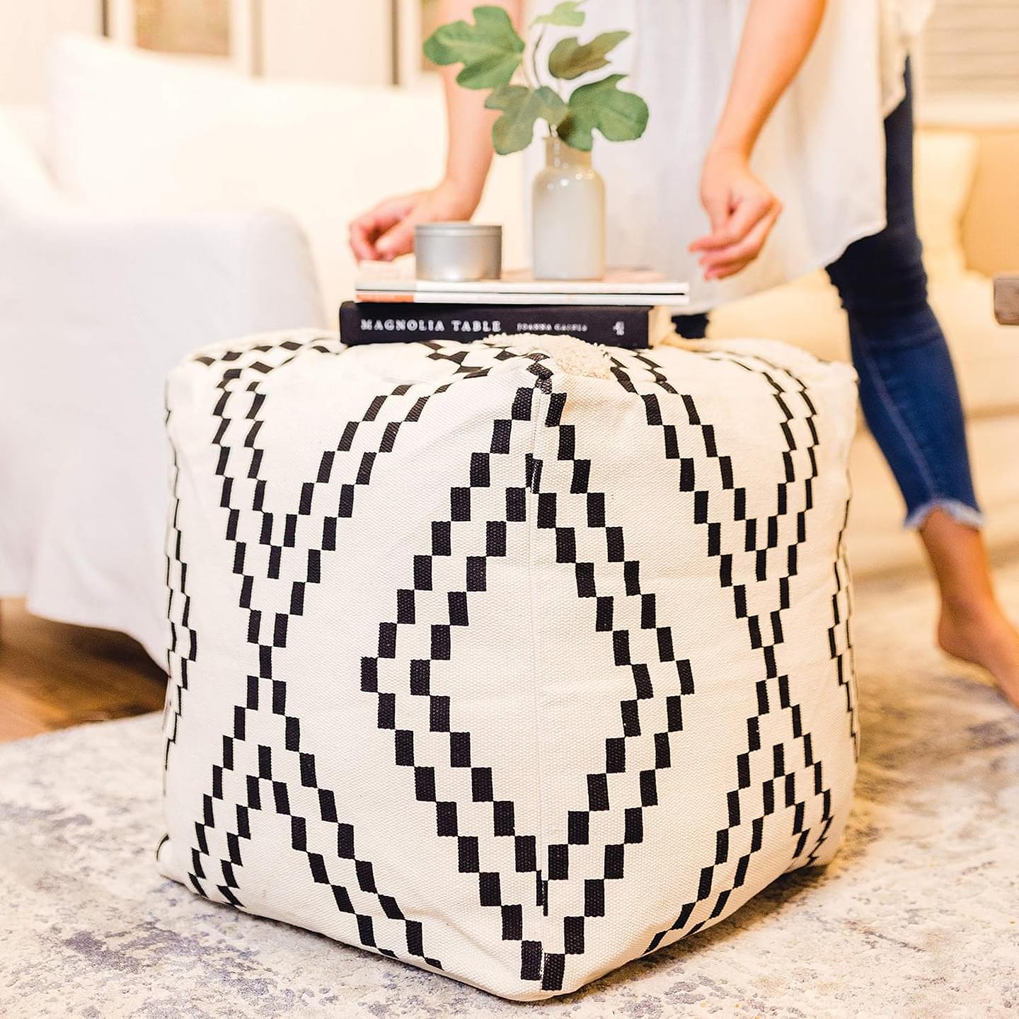 Unstuffed Boho Pouf Ottoman Cover – Modern Bohemian Living Room Decor, Kids, Nursery, Dorm Room – Minimalist Storage Solution, Foot Rest – Hand-Tufted Square Neutral Removable