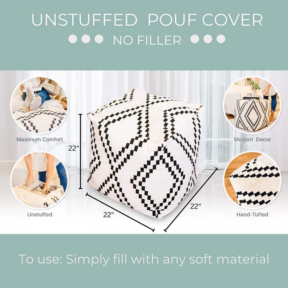 Unstuffed Boho Pouf Ottoman Cover – Modern Bohemian Living Room Decor, Kids, Nursery, Dorm Room – Minimalist Storage Solution, Foot Rest – Hand-Tufted Square Neutral Removable