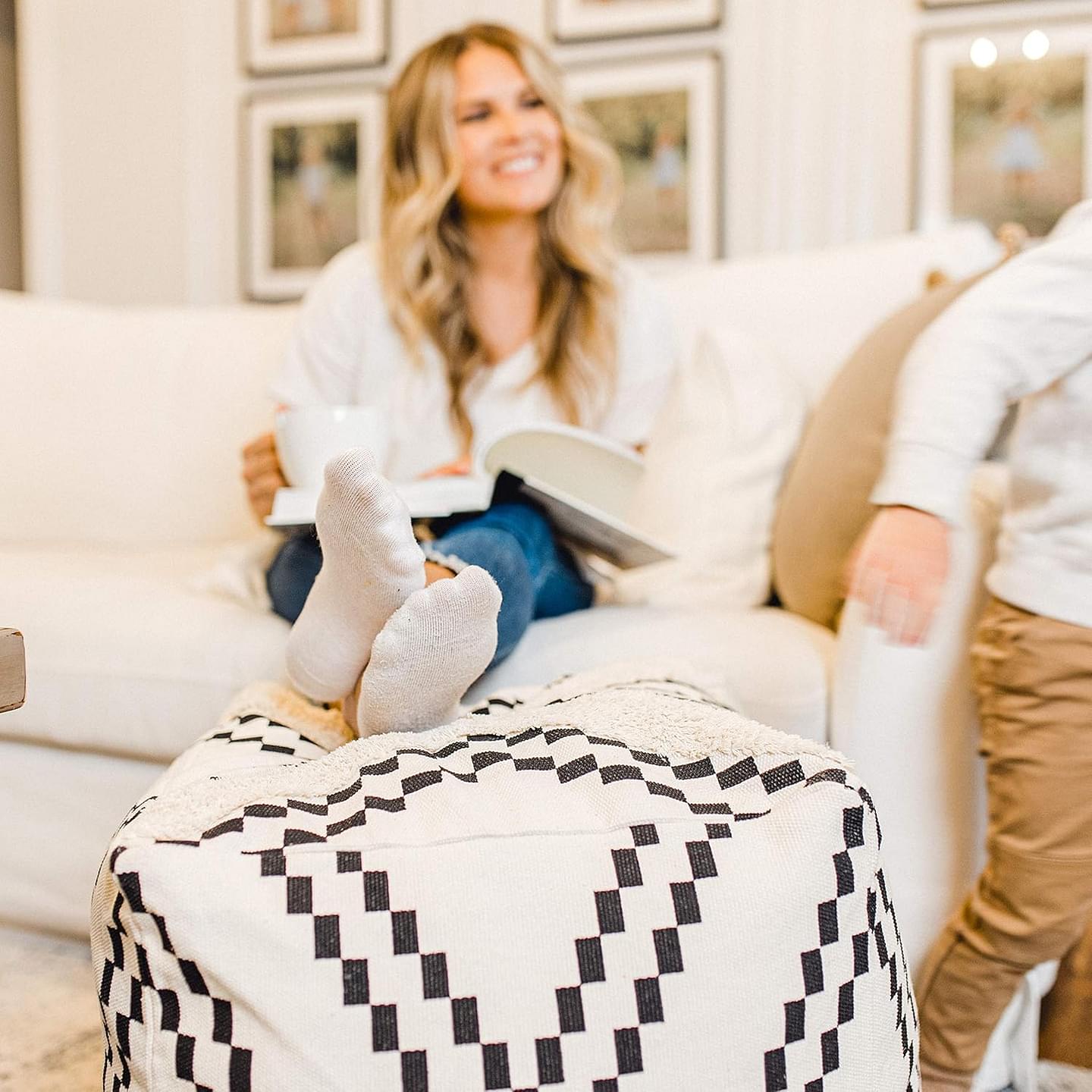 Unstuffed Boho Pouf Ottoman Cover – Modern Bohemian Living Room Decor, Kids, Nursery, Dorm Room – Minimalist Storage Solution, Foot Rest – Hand-Tufted Square Neutral Removable