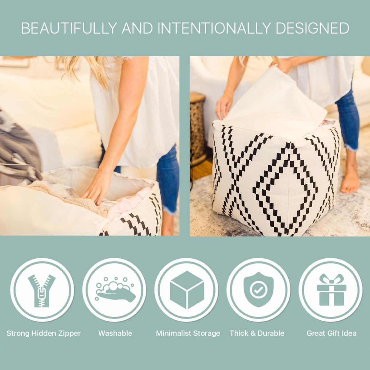 Unstuffed Boho Pouf Ottoman Cover – Modern Bohemian Living Room Decor, Kids, Nursery, Dorm Room – Minimalist Storage Solution, Foot Rest – Hand-Tufted Square Neutral Removable