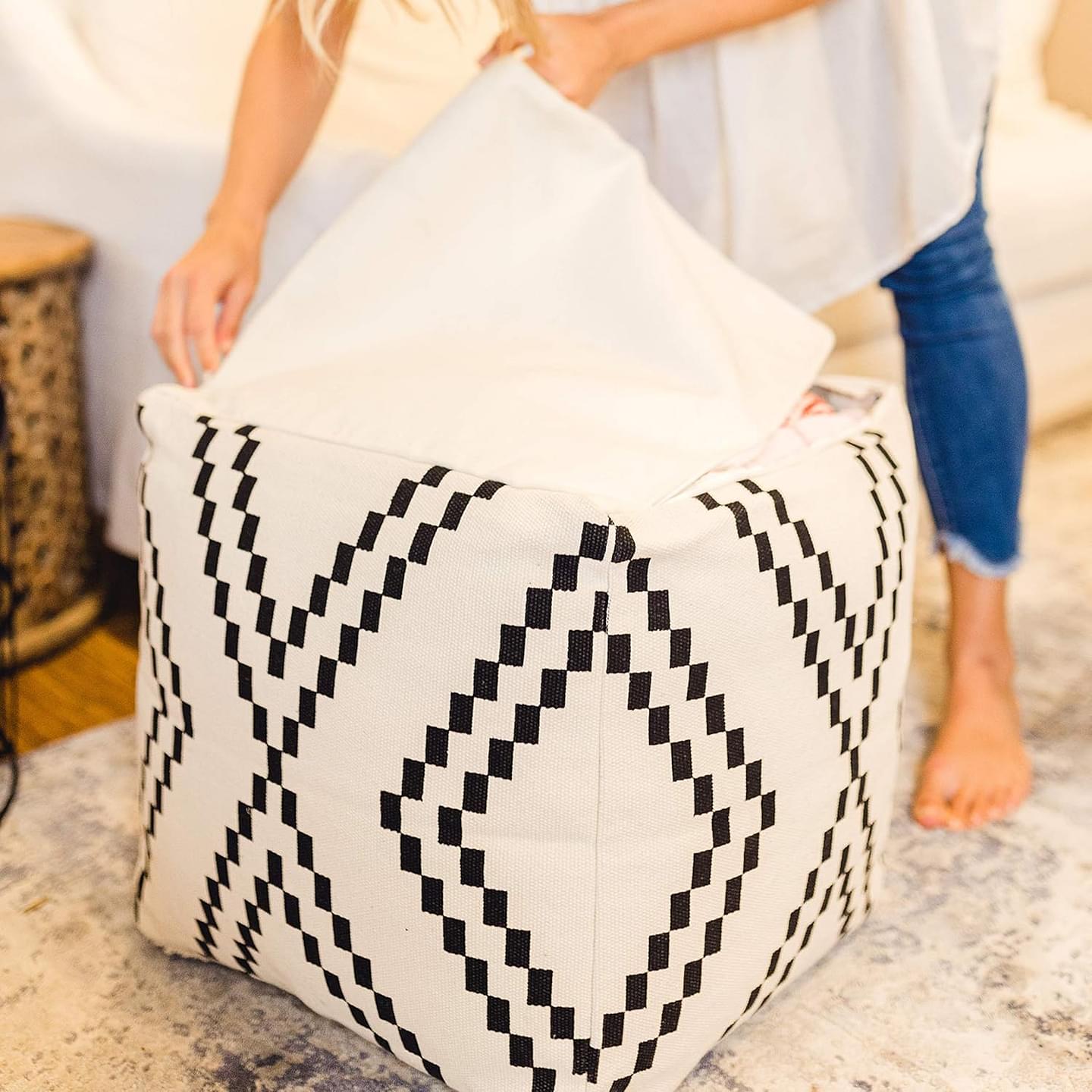 Unstuffed Boho Pouf Ottoman Cover – Modern Bohemian Living Room Decor, Kids, Nursery, Dorm Room – Minimalist Storage Solution, Foot Rest – Hand-Tufted Square Neutral Removable