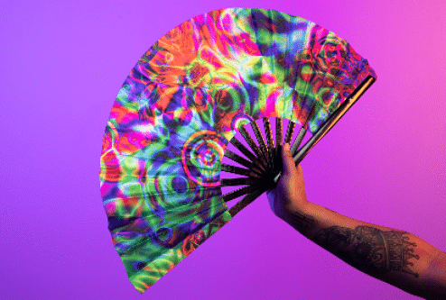 Rave Fan | Lightweight & Water Resistant foldable fan | 13in festival fan | Durable Clack Fan w/Velvet Drawstring rave fans Storage bag | UV GlowFesta Women's Foldable Hand Fan