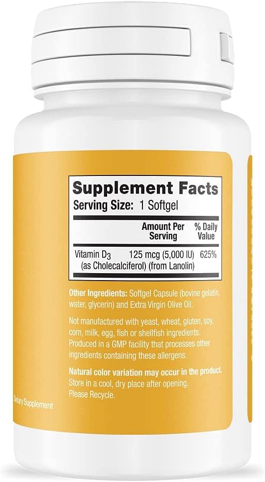 Vitamin D3-5,000 IU Softgel - High Potency Formula, Supports Bone Health & Immune System - 120 Softgels of Vitamin D3 - Non-GMO, Dairy Free