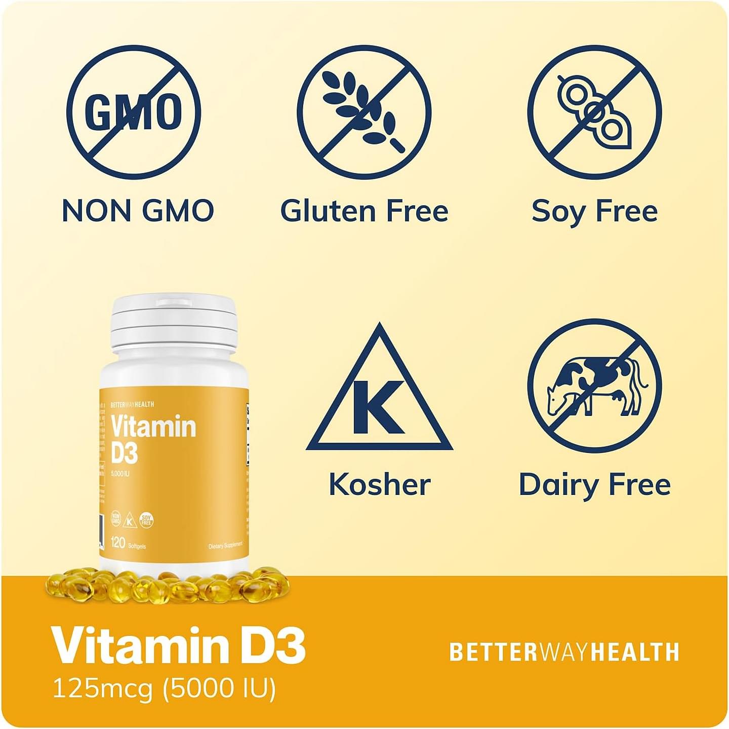 Vitamin D3-5,000 IU Softgel - High Potency Formula, Supports Bone Health & Immune System - 120 Softgels of Vitamin D3 - Non-GMO, Dairy Free