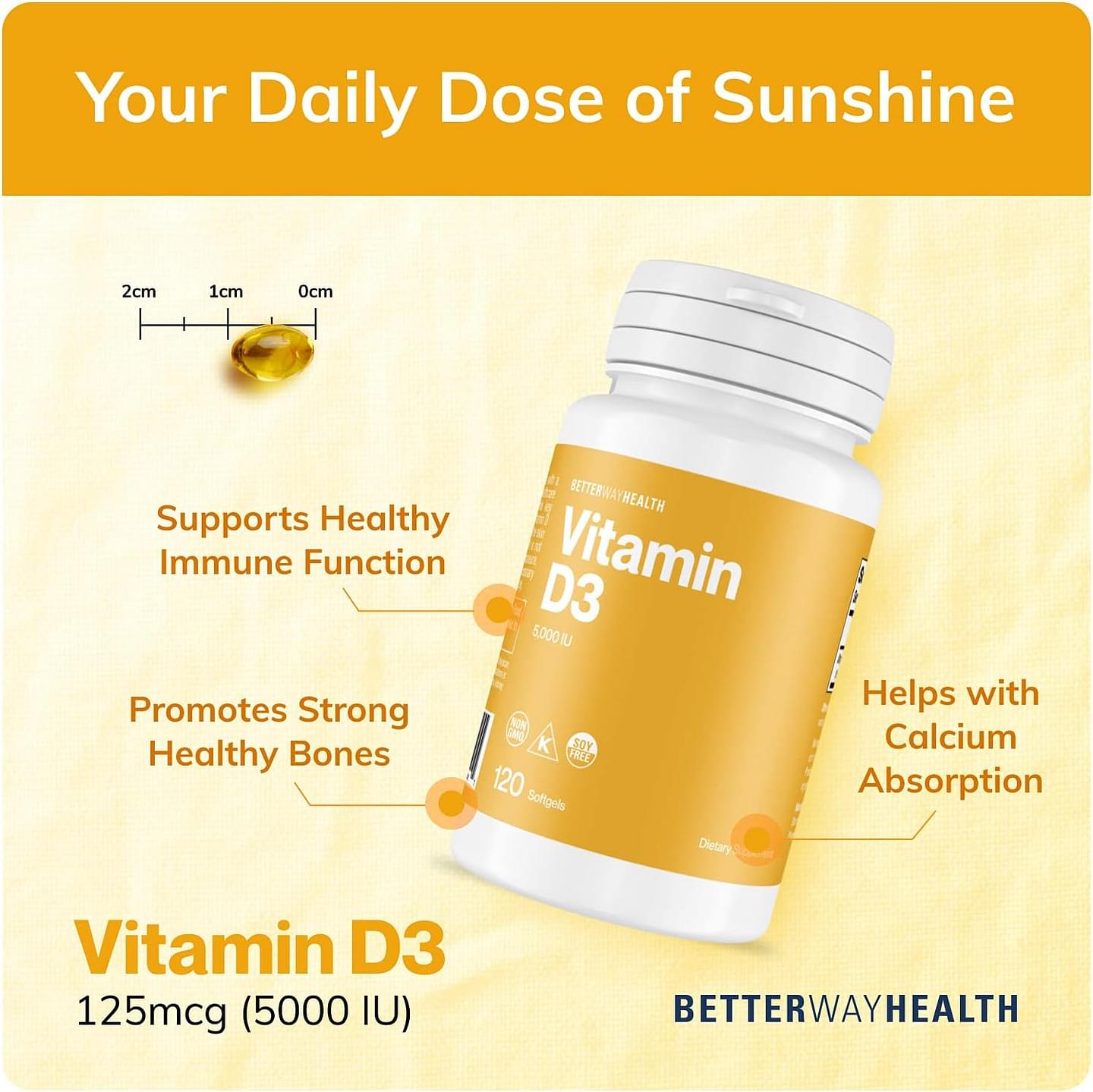 Vitamin D3-5,000 IU Softgel - High Potency Formula, Supports Bone Health & Immune System - 120 Softgels of Vitamin D3 - Non-GMO, Dairy Free