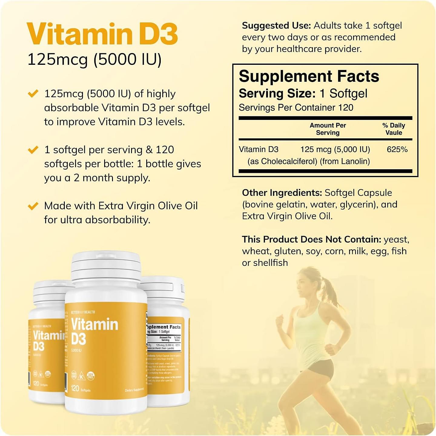 Vitamin D3-5,000 IU Softgel - High Potency Formula, Supports Bone Health & Immune System - 120 Softgels of Vitamin D3 - Non-GMO, Dairy Free