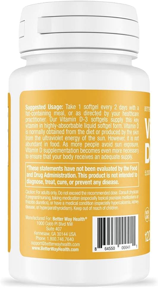 Vitamin D3-5,000 IU Softgel - High Potency Formula, Supports Bone Health & Immune System - 120 Softgels of Vitamin D3 - Non-GMO, Dairy Free