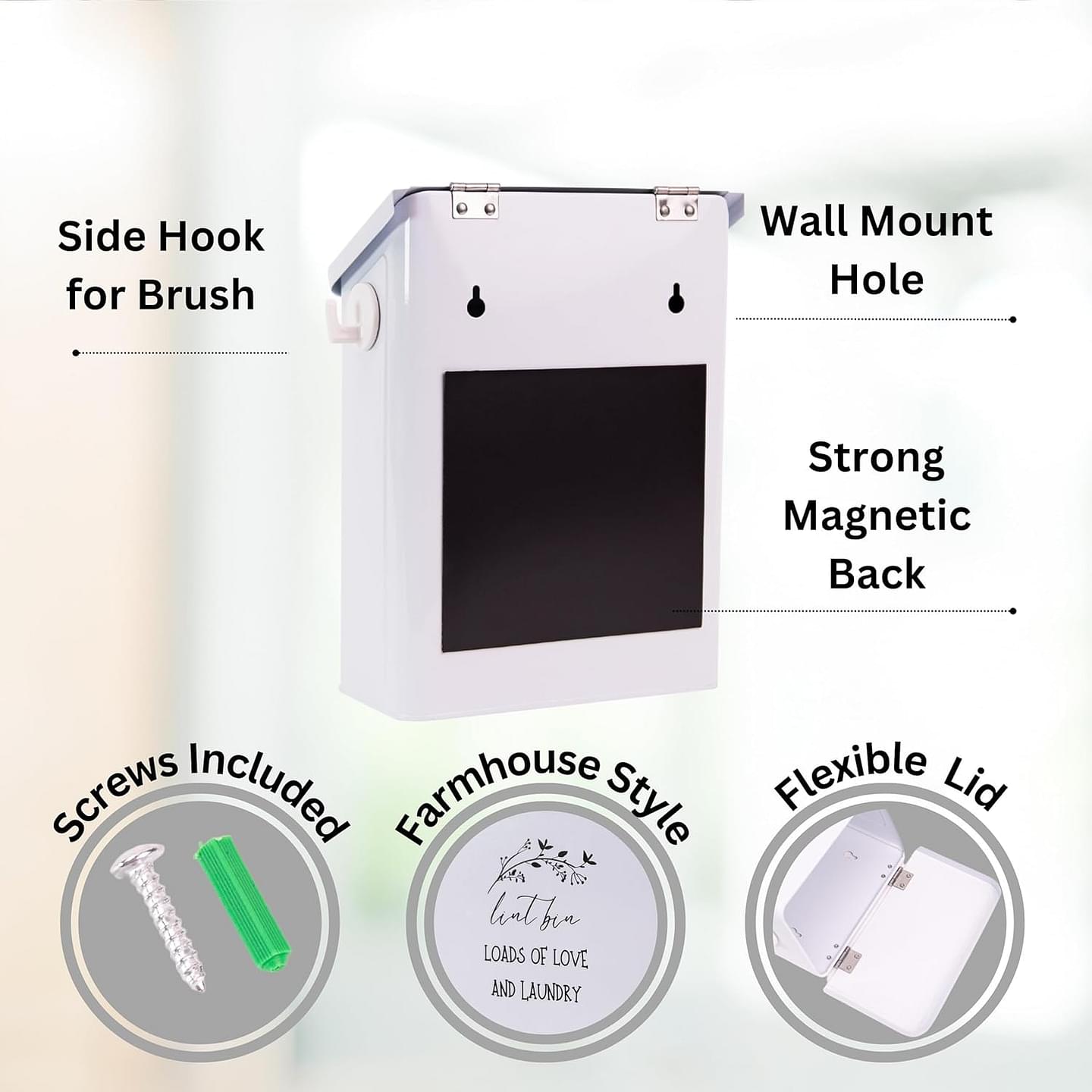 Wall Mounted Magnetic Lint Bin for Laundry Room With Flexible Lid