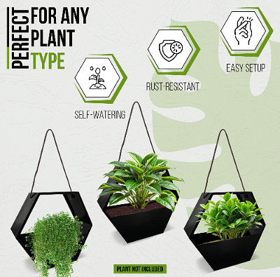 Wall Planters for Indoor/ outdoor Plants- Black metal Planter with rope for hanging, self watering mechanism- Versatile and Weather Resistant black