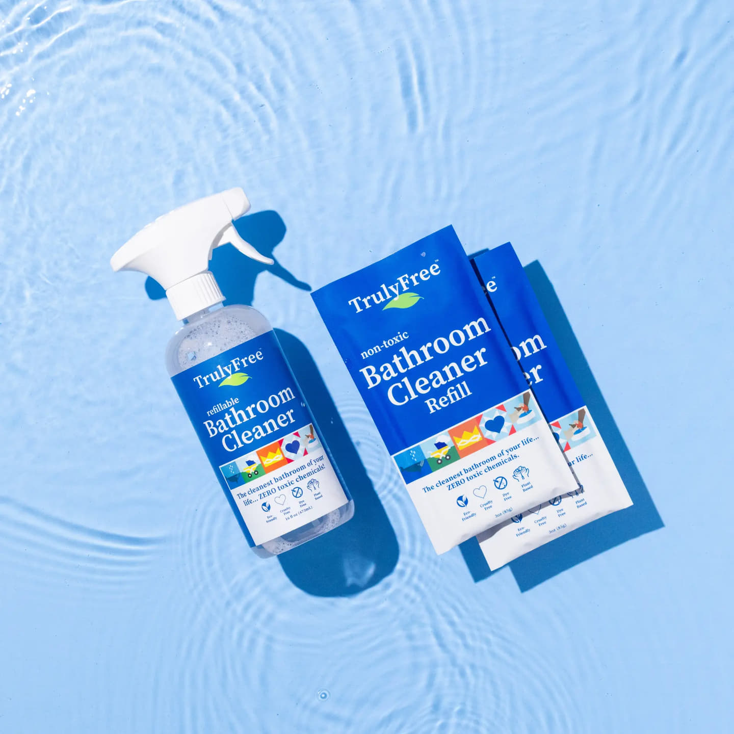 Truly Free Non-Toxic Bathroom Cleaner | Organic Bath & Tile Cleaning Solution for Toilet, Sink, Tub & Shower |Bottle + 2 Refills