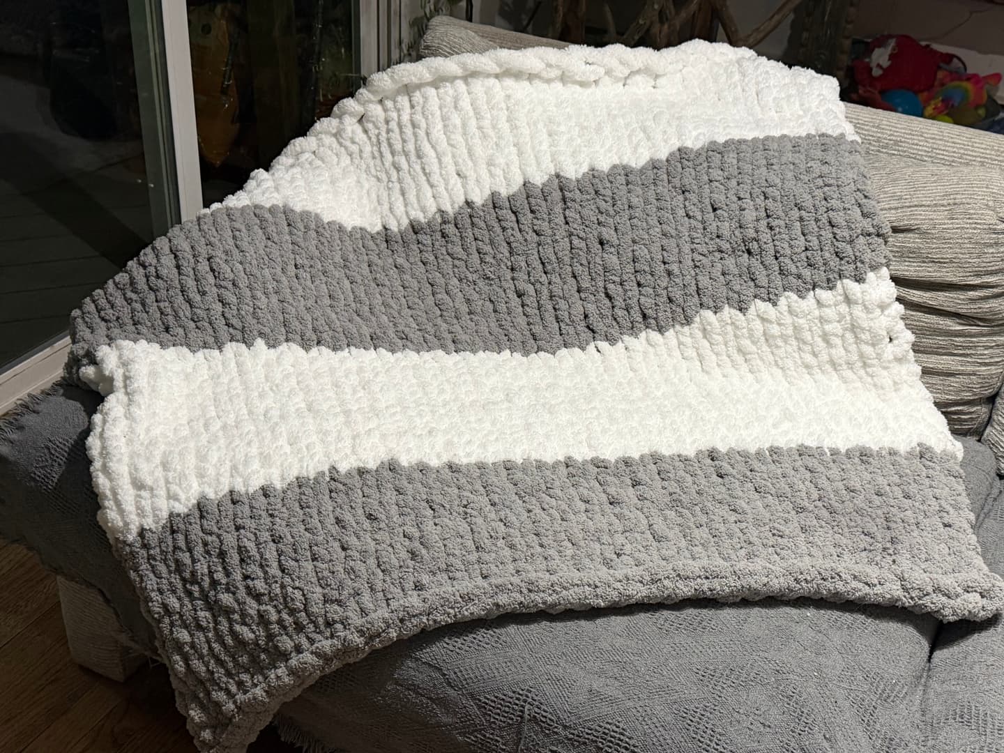 White and Light Grey Chenille Finger-Knit Handmade Throw Blanket - 42 ...