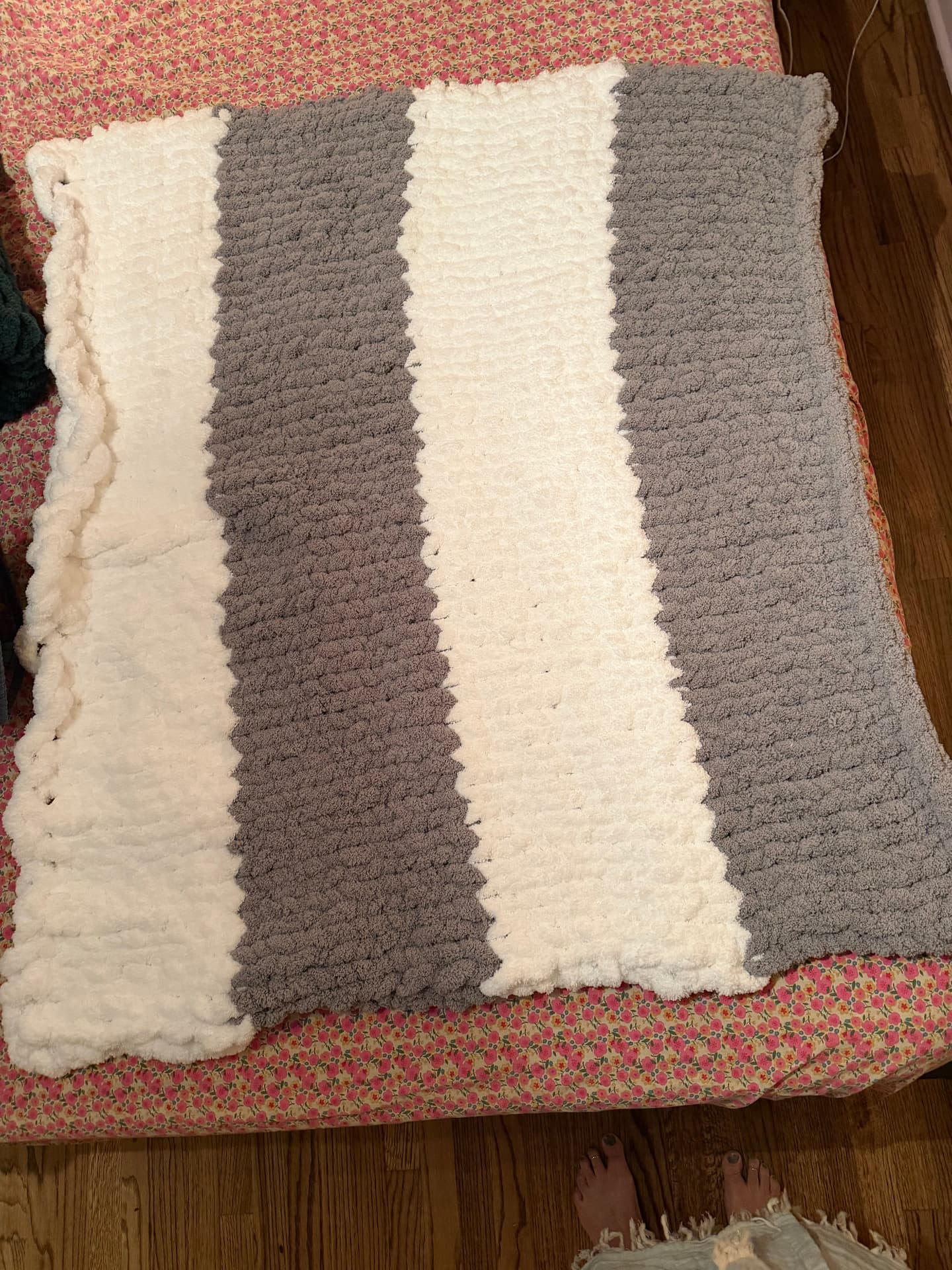 White and Light Grey Chenille Finger-Knit Handmade Throw Blanket - 42 ...