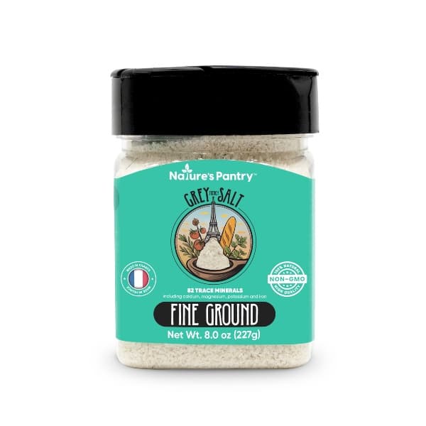 Jar of Nature's Pantry French Grey Sea Salt on a white background