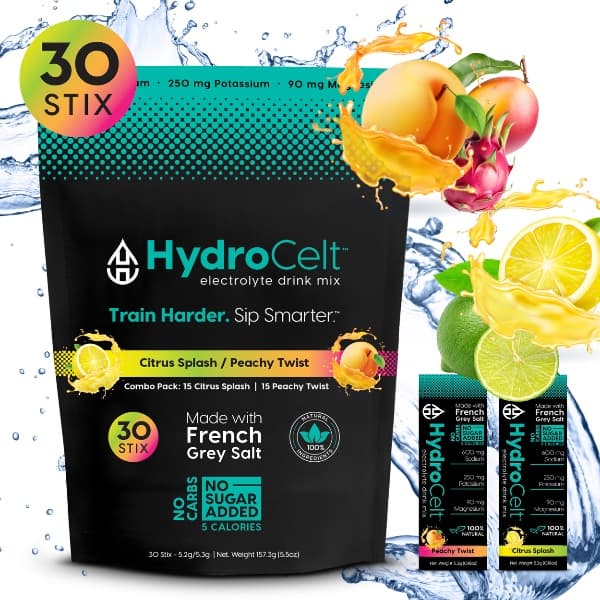 HydroCelt electrolyte drink mix packaging with citrus splash and peachy twist flavors on a white background.