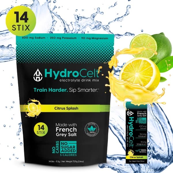 HydroCelt electrolyte drink mix package with citrus splash flavor on a white background