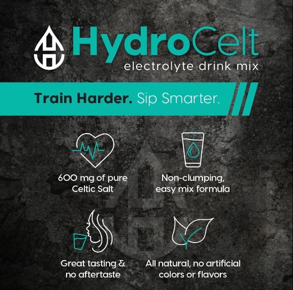 HydroCelt electrolyte drink mix advertisement with features on a dark background
