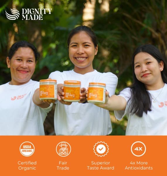 3 female Dignity Made employees featuring the 15oz coconut oil jars