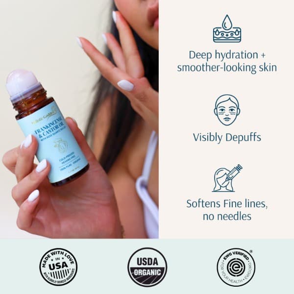 Organic Castor Oil Roll-on for Deep hydration, depuff, and softer fine lines