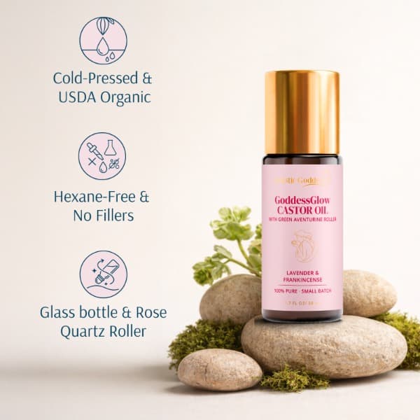 GoddessGlow Castor oil Roll-on Purity icons