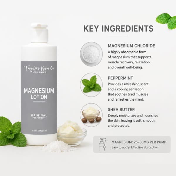 Taylor Made Organics Magnesium Organic Lotion Mineral-Rich Relief for Muscles & Stress (Made in USA) 