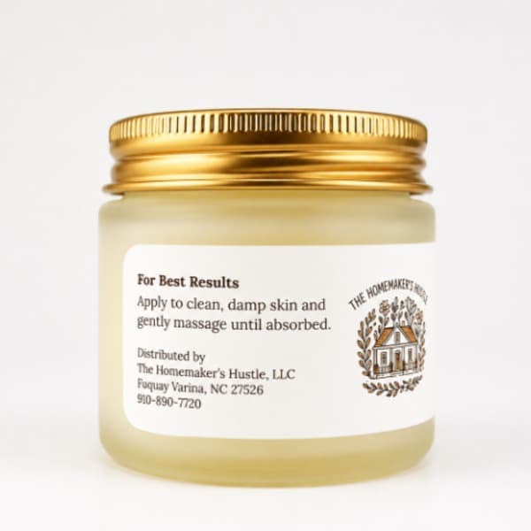 A frosted jar with a gold lid and white label of a frankincense and myrrh resin tallow balm