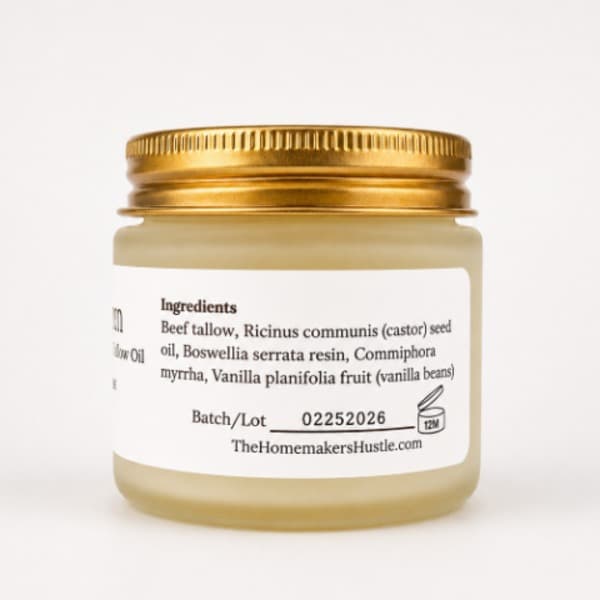 A frosted jar with gold lid and white ingredient label of a frankincense and myrrh tallow balm