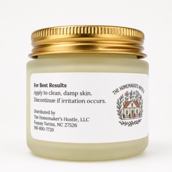 A frosted jar of tallow balm with a gold lid and white label with application instructions