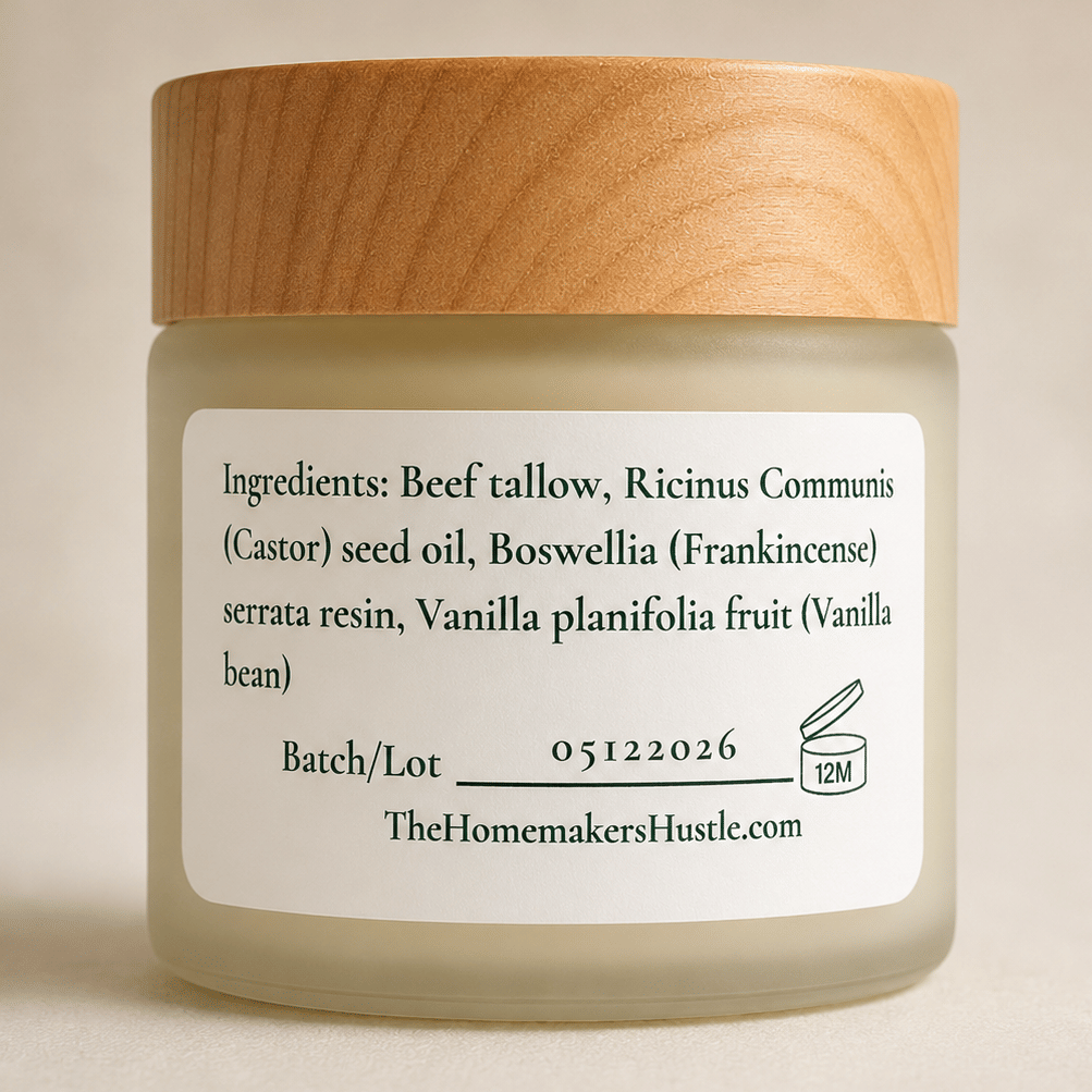 A frosted jar of tallow balm with wood grain lid and white label with a view of the ingredients