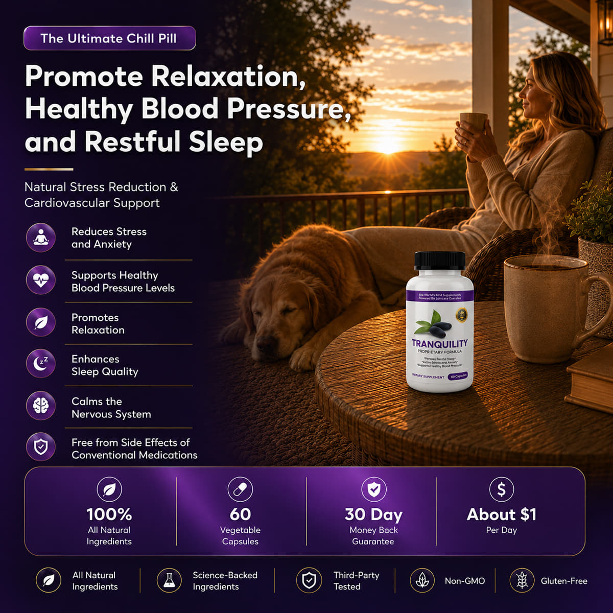 Tranquility – The Ultimate Chill Pill. Natural Support for Healthy Blood Pressure, Sleep, and Stress Management - 60 Capsules