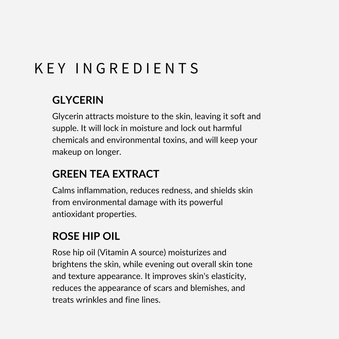 withsimplicity Key Primer Ingredients, glycerin, Green Tea Extract, Rose Hip Oil