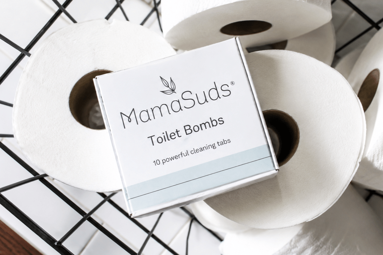 MamaSuds Toilet Bombs on toilet paper rolls