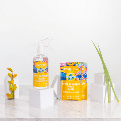 2-Pack TrulyFree Natural Fruit and Veggie Wash - Organic Produce Vegetable and Fruit Wash - Includes: 1 Empty Refillable Spray Bottle (16oz), Two Pouches (3 oz ea.) Starter Kit