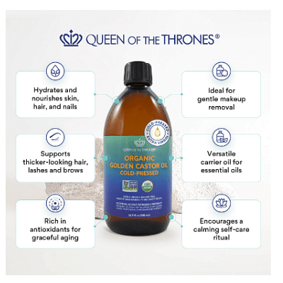 QUEEN OF THE THRONES Organic Golden Castor Oil - 16.9oz | 100% Pure & COLD PRESSED for Hair, Skin & Nails | Hexane Free | USDA Certified