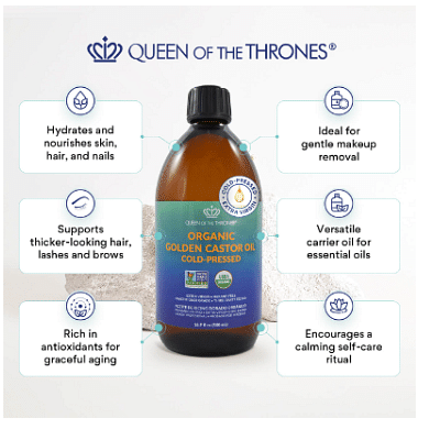 QUEEN OF THE THRONES Organic Golden Castor Oil - 16.9oz | 100% Pure & COLD PRESSED for Hair, Skin & Nails | Hexane Free | USDA Certified
