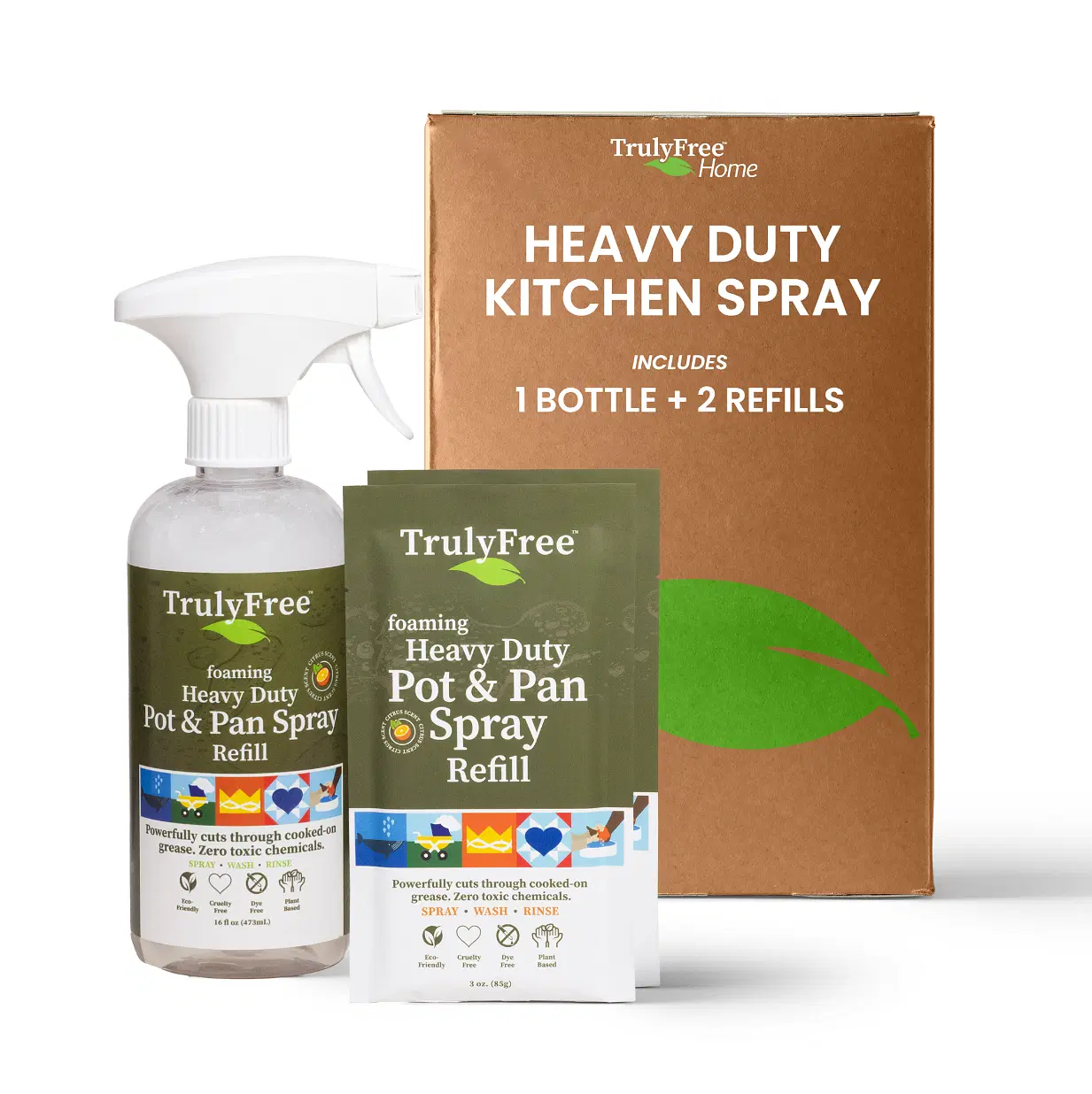Truly Free Heavy Duty Pot & Pan Spray - Powerful Foaming Grease Remover, Multi-Purpose Kitchen Cleaner Spray Degreaser for Oven, Stoves, Grill & More, Citrus Scent - Includes 1 Empty Bottle & 2 Refill