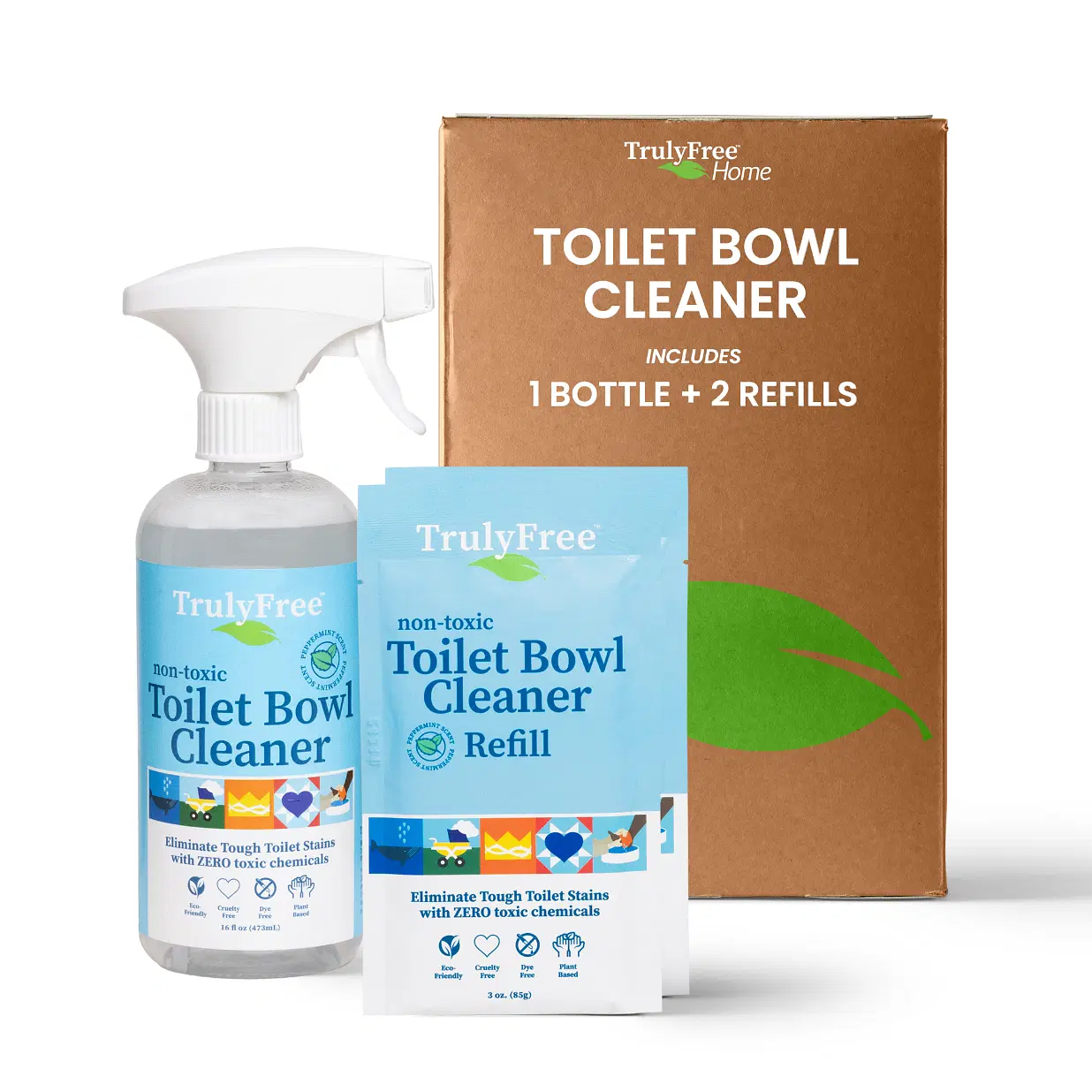 Truly Free Toilet Bowl Cleaner - Heavy-Duty Stain Remover - Septic Safe, Plant-Based Formula - Fresh Peppermint Scent - 1 Refill (3oz) with Empty Refillable Bottle