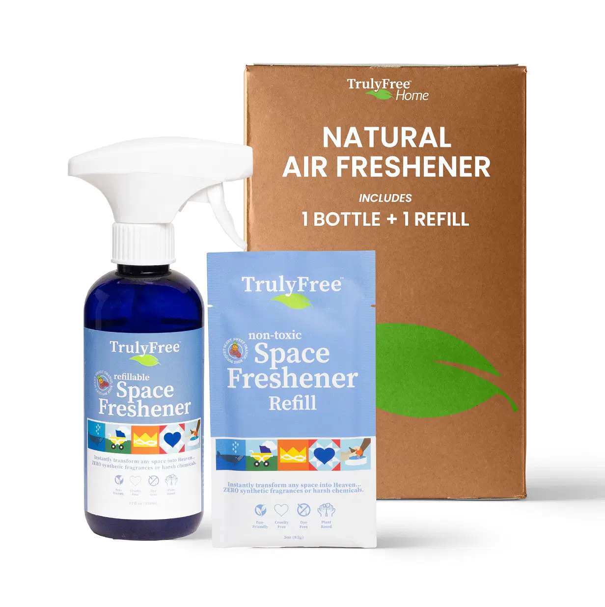 Truly Free Space Freshener Starter Kit, Lemongrass Essential Oil - Car and Air Fresheners for Home, Natural Odor Eliminator Room Spray, 16oz Spray Bottle, 1 Refill (3.4oz) No Synthetic Fragrances