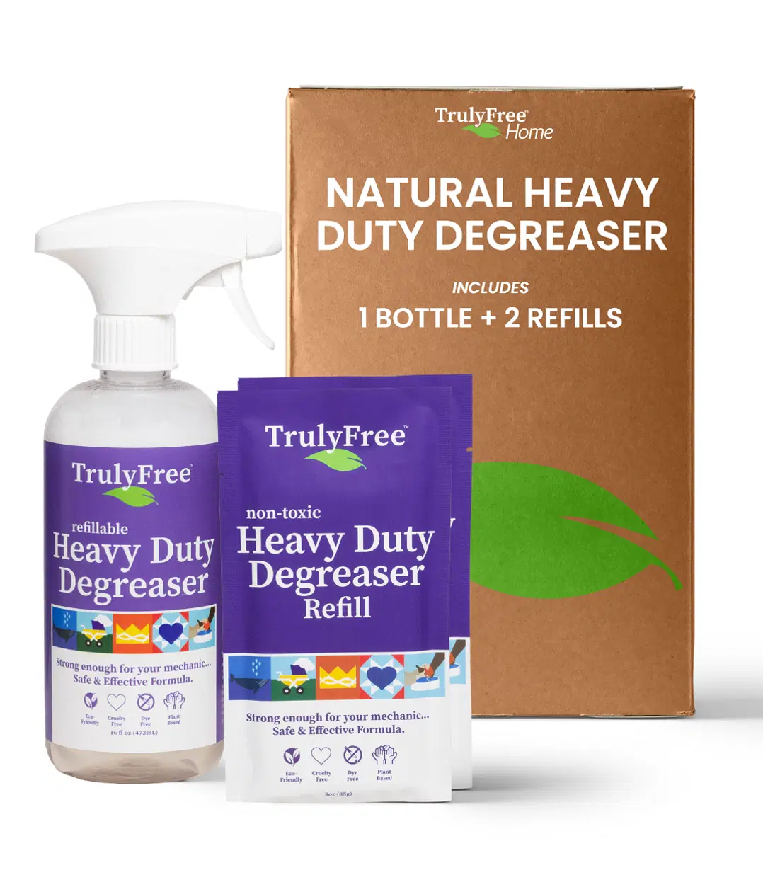 Truly Free Heavy Duty Degreaser- Grease Remover & Grime Cleaner for Kitchen, Automotive & More, Household Cleaning Supplies, Fragrance-Free, Includes 16 oz Reusable Empty Bottle & 2 Refills (4 oz)